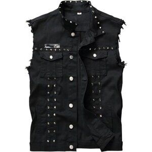 Men's Goth Punk Studded Denim Vest Ripped Distressed Sleeveless Jean Vest Rocker